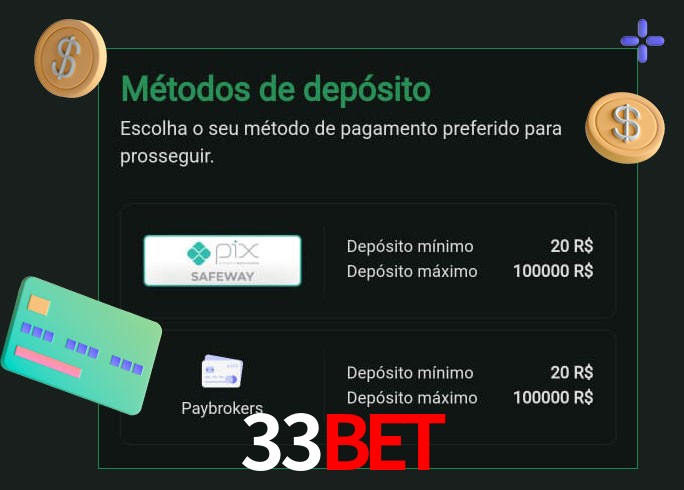 O cassino 33BET oferece uma grande variedade de métodos de pagamento